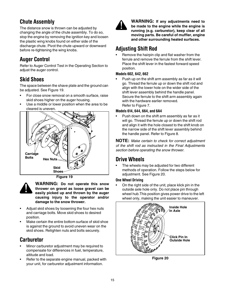Chute assembly, Auger control, Skid shoes | Carburetor, Adjusting shift rod, Drive wheels | MTD 642E User Manual | Page 15 / 32