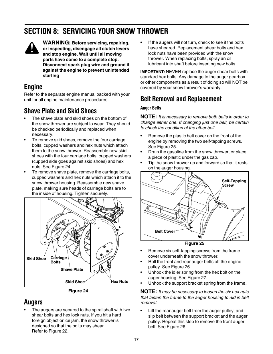 Engine, Shave plate and skid shoes, Augers | Belt removal and replacement | MTD 642E User Manual | Page 17 / 32