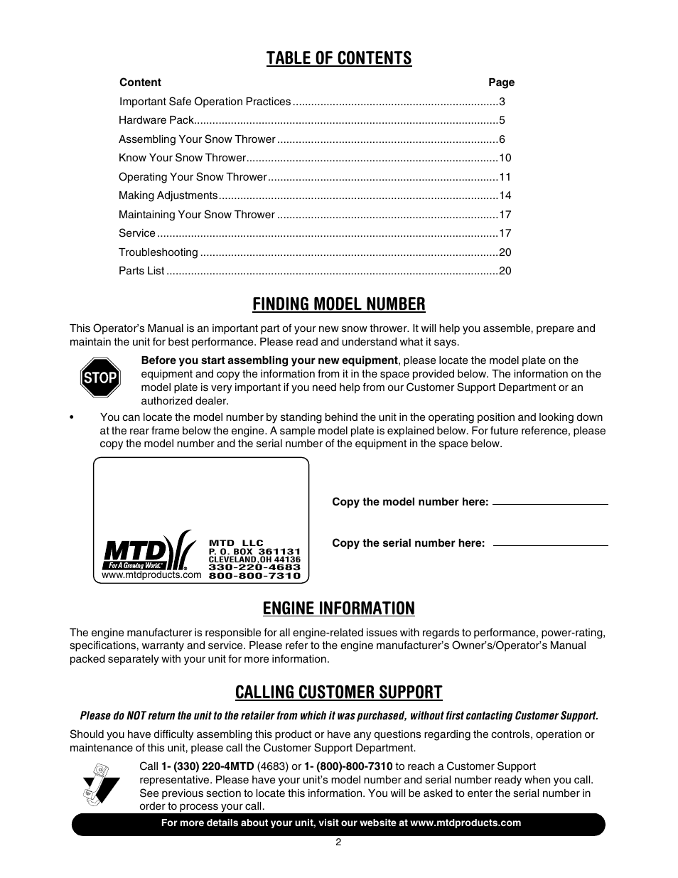 MTD 642E User Manual | Page 2 / 32