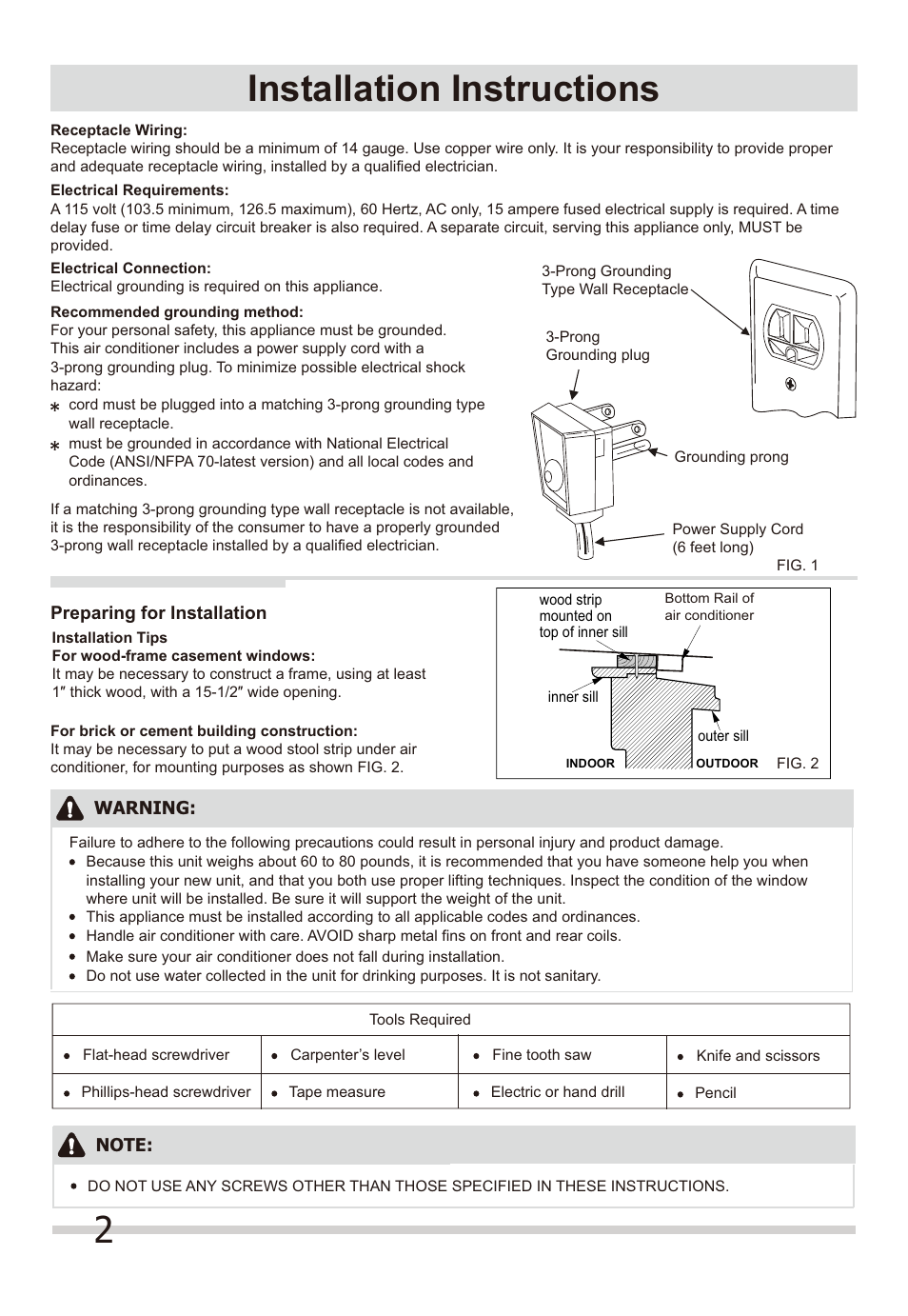 2installation instructions | FRIGIDAIRE FFRS1022Q1 User Manual | Page 2 / 8