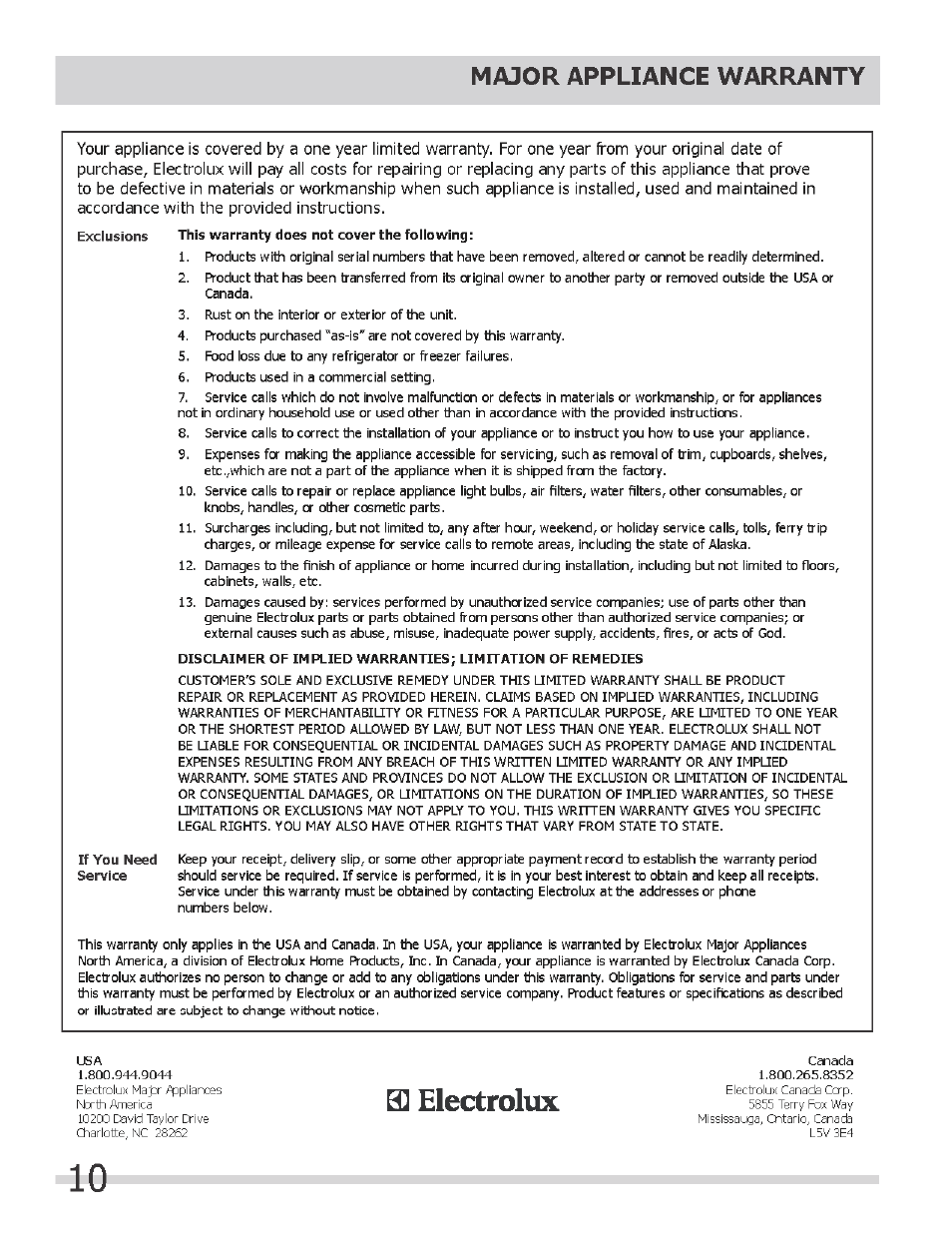 Exclusions, B] electrolux, Major appliance warranty | FRIGIDAIRE FFPS4533QM User Manual | Page 10 / 10