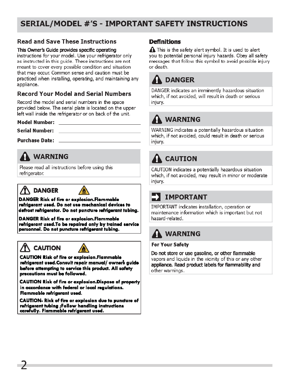 Read and save these instructions, Record your model and serial numbers, Serial/model #'s - important safety instructions | Warning, Danger, Caution, 3 important | FRIGIDAIRE FFPS4533QM User Manual | Page 2 / 10