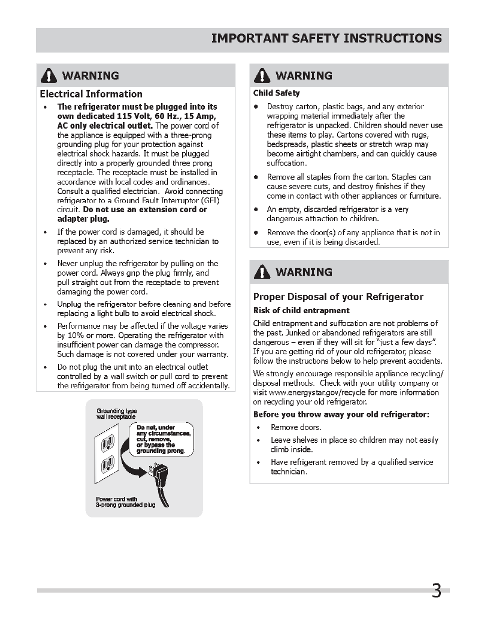 Electrical information, Proper disposal of your refrigerator, Important safety instructions | Warning | FRIGIDAIRE FFPS4533QM User Manual | Page 3 / 10