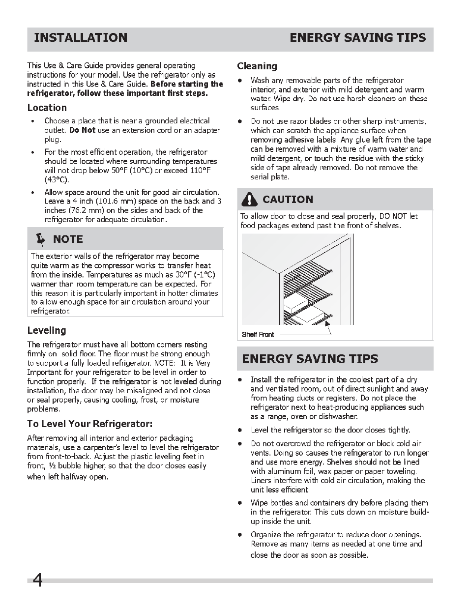 Location, Leveling, To level your refrigerator | Cleaning, Installation energy saving tips, Energy saving tips | FRIGIDAIRE FFPS4533QM User Manual | Page 4 / 10