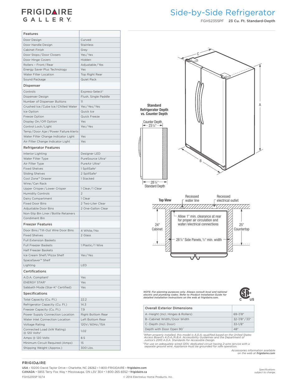 Side-by-side refrigerator | FRIGIDAIRE FGHS2355PF User Manual | Page 2 / 4