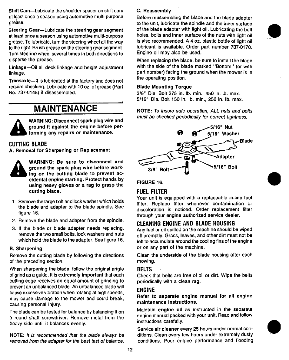 Maintenance, Cuning blade, Fuel filter | Cleaning engine and blade housing, Belts, Engine | Bolens 1208 User Manual | Page 12 / 32