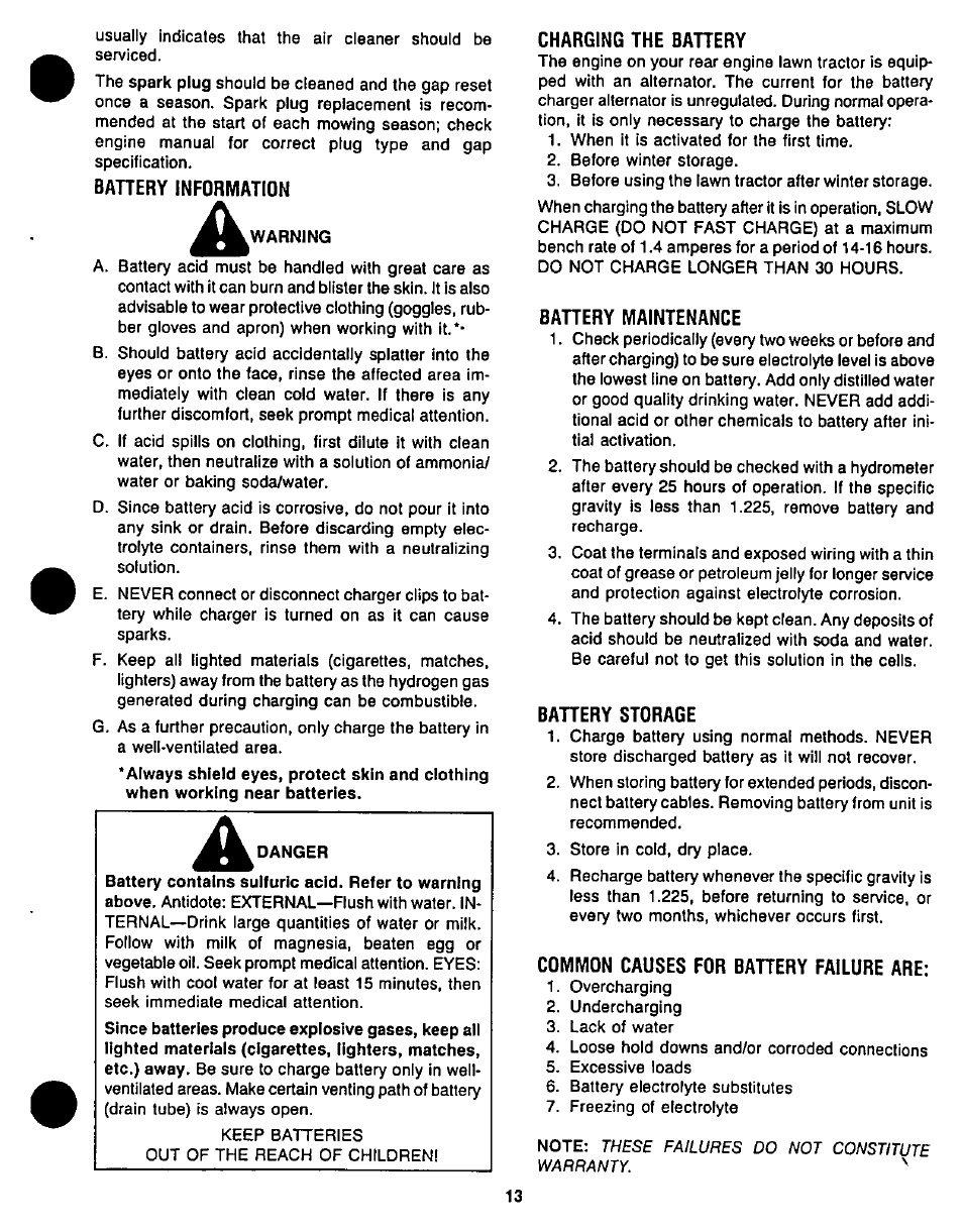 Bahery information, Charging the battery, Bahery maintenance | Bahery storage, Common causes for bahery failure are | Bolens 1208 User Manual | Page 13 / 32