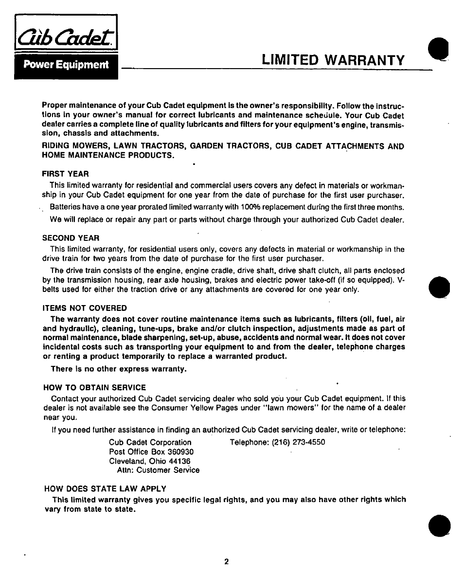 Power equipment, Limited warranty | Bolens 1208 User Manual | Page 2 / 32