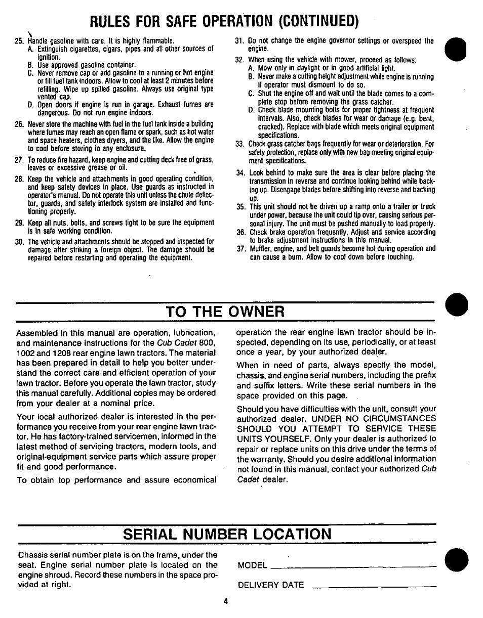 Rules for safe operation (continued), To the owner, Serial number location | Serial no. location | Bolens 1208 User Manual | Page 4 / 32