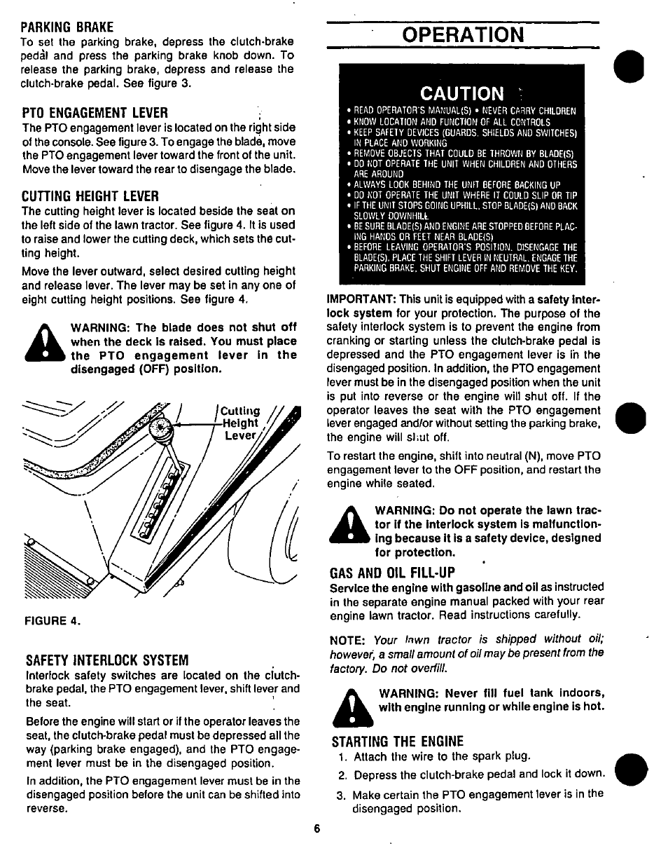 Parking brake, Pto engagement lever, Cuning height lever | Operation, Safety interlock system, Gas and oil fill-up, Starting the engine, Caution | Bolens 1208 User Manual | Page 6 / 32