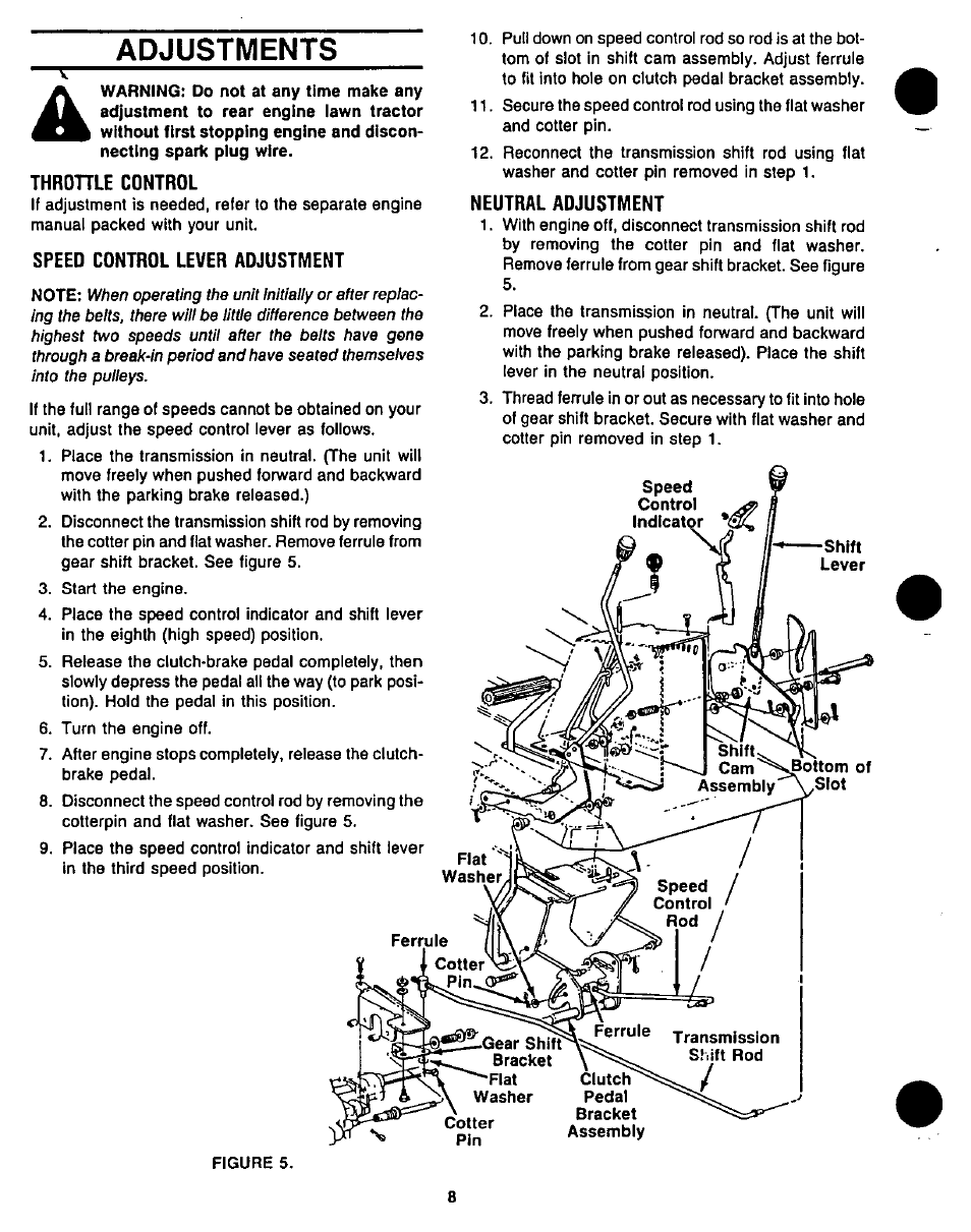 Adjustments, Throhle control, Speed control lever adjustment | Neutral adjustment | Bolens 1208 User Manual | Page 8 / 32
