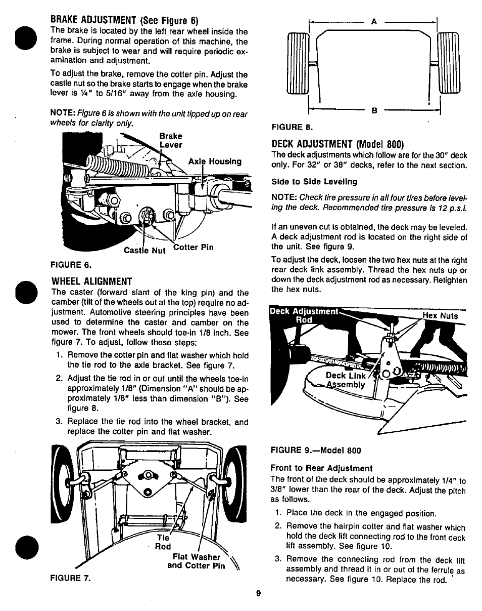 Brake adjustment (see figure 6), Wheel alignment, Deck adjustment (model 800) | Bolens 1208 User Manual | Page 9 / 32
