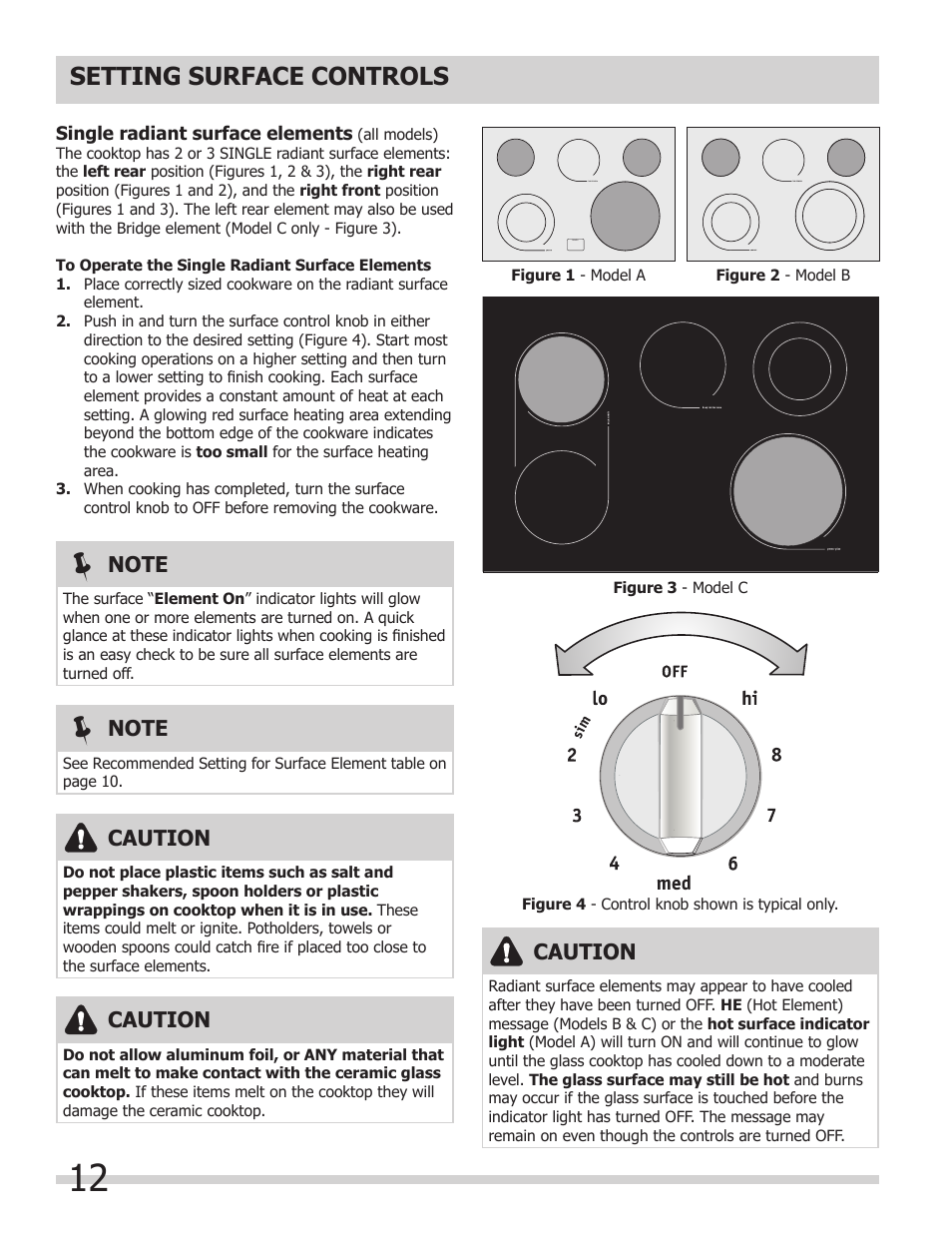 Setting surface controls, Caution | FRIGIDAIRE FGES3065KW User Manual | Page 12 / 44