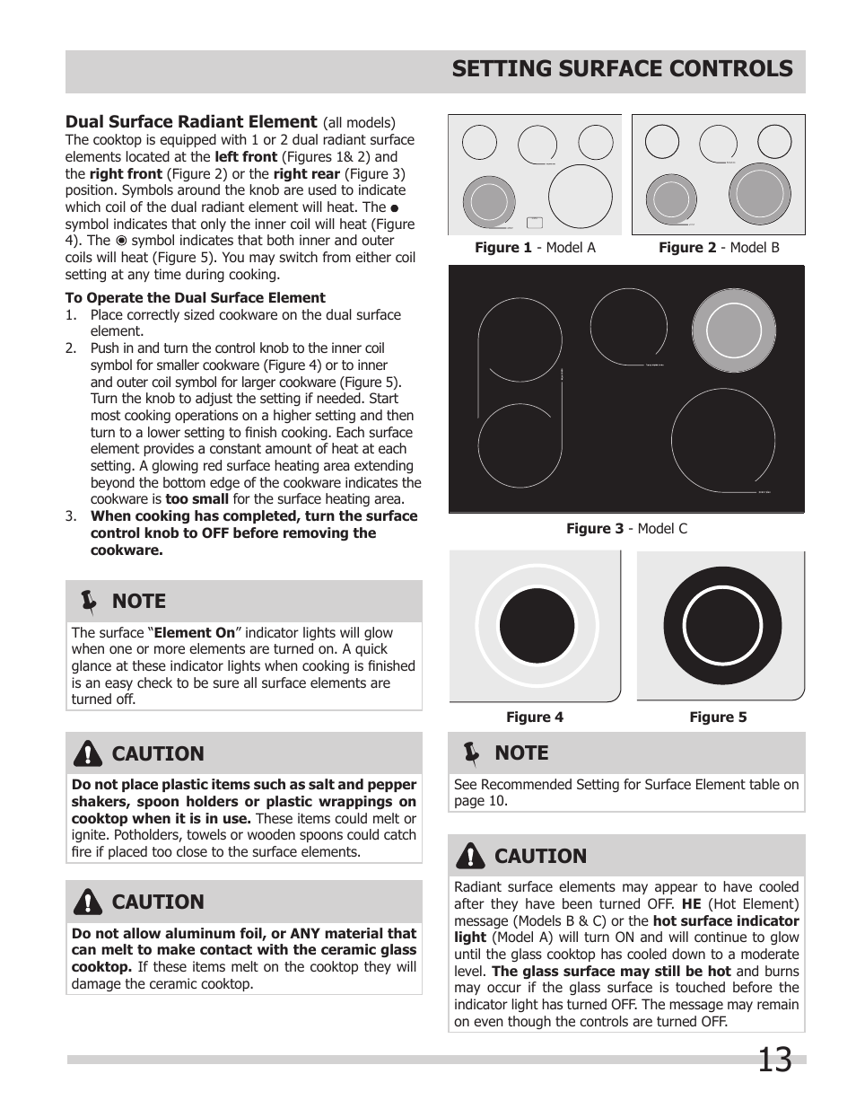 Setting surface controls, Caution | FRIGIDAIRE FGES3065KW User Manual | Page 13 / 44