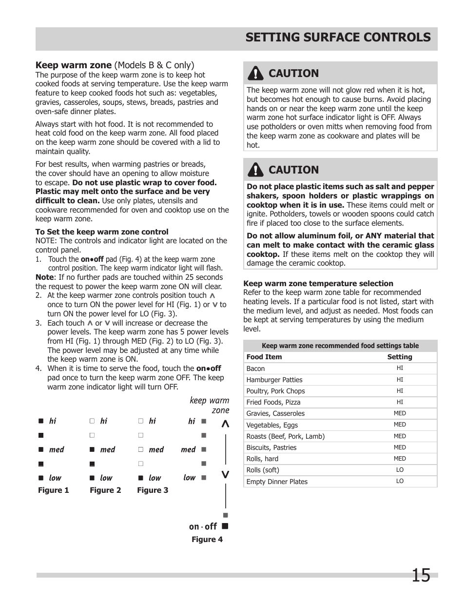 Setting surface controls, Caution | FRIGIDAIRE FGES3065KW User Manual | Page 15 / 44