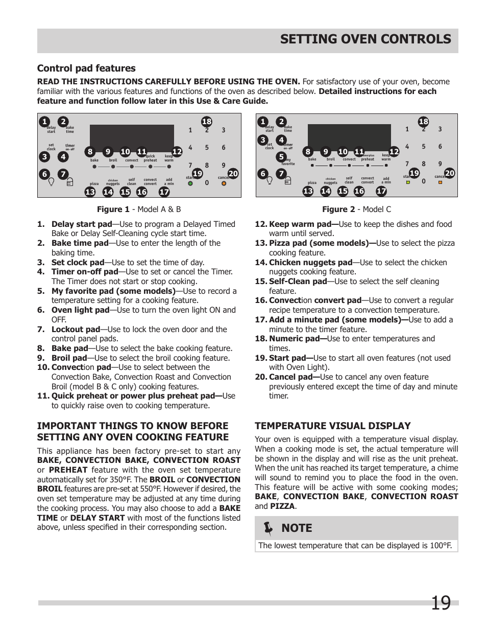 Setting oven controls, Control pad features, Temperature visual display | FRIGIDAIRE FGES3065KW User Manual | Page 19 / 44