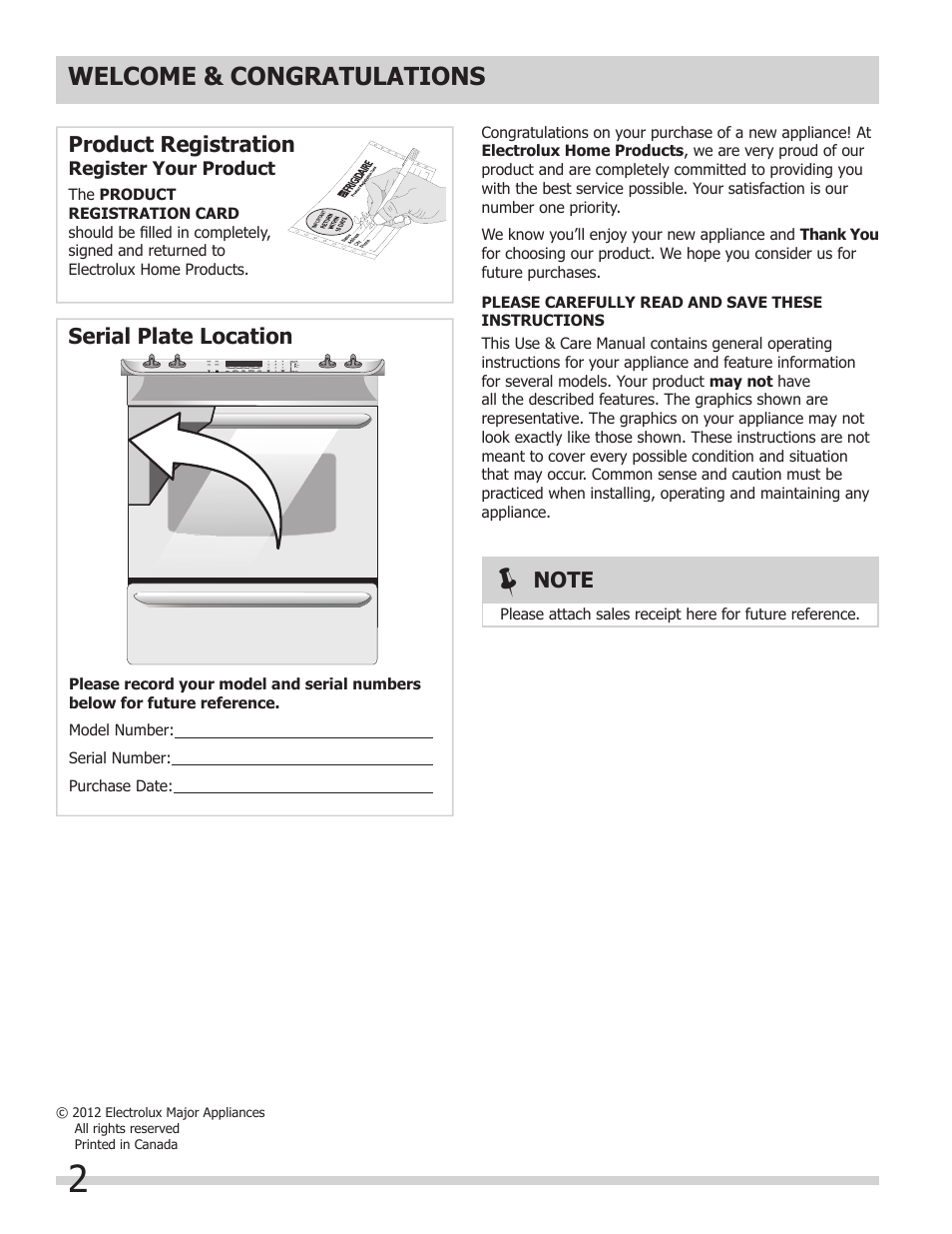 Product registration, Serial plate location | FRIGIDAIRE FGES3065KW User Manual | Page 2 / 44