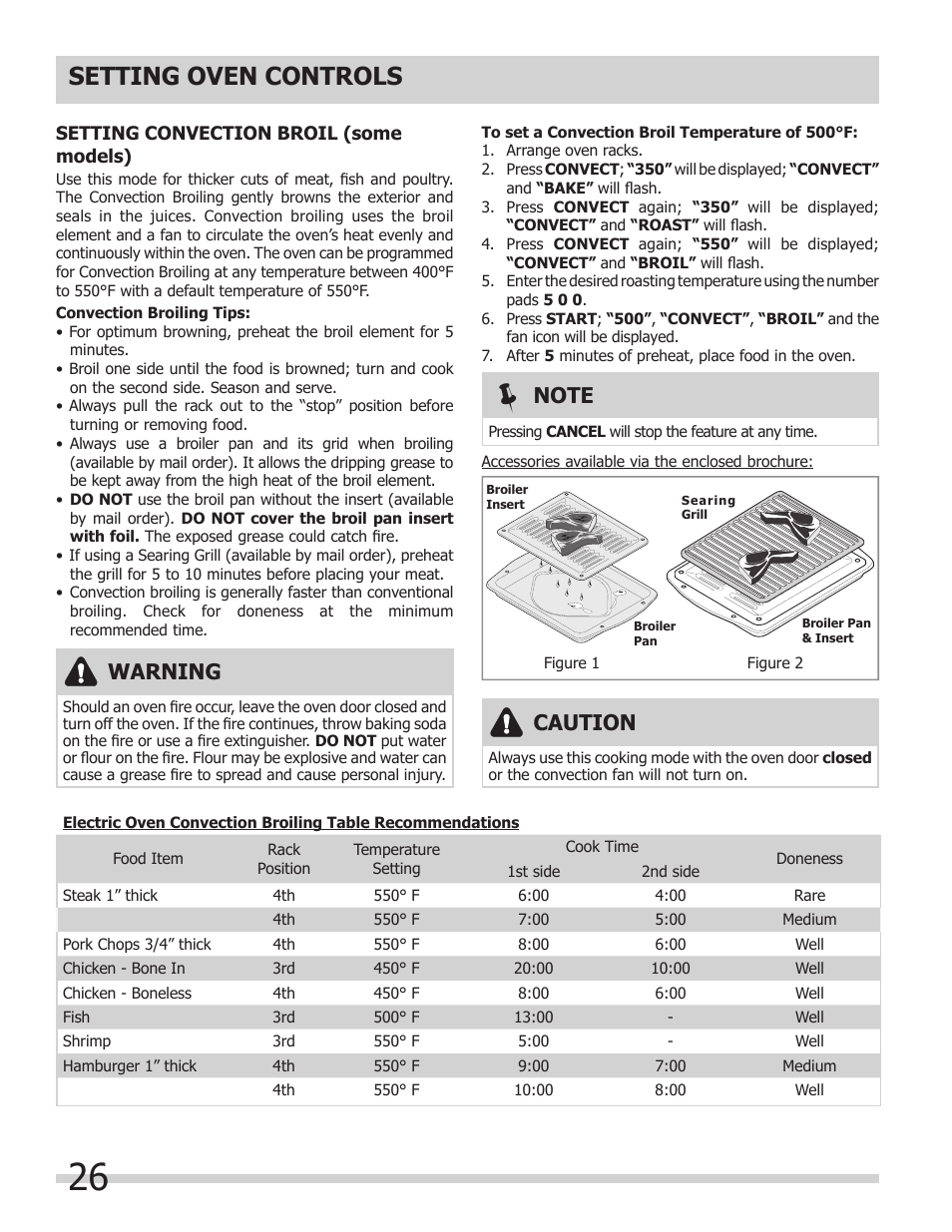 Setting oven controls, Warning, Caution | FRIGIDAIRE FGES3065KW User Manual | Page 26 / 44