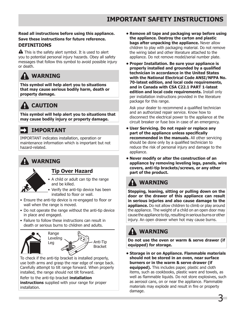 Important safety instructions, Warning, Important | Caution, Tip over hazard | FRIGIDAIRE FGES3065KW User Manual | Page 3 / 44
