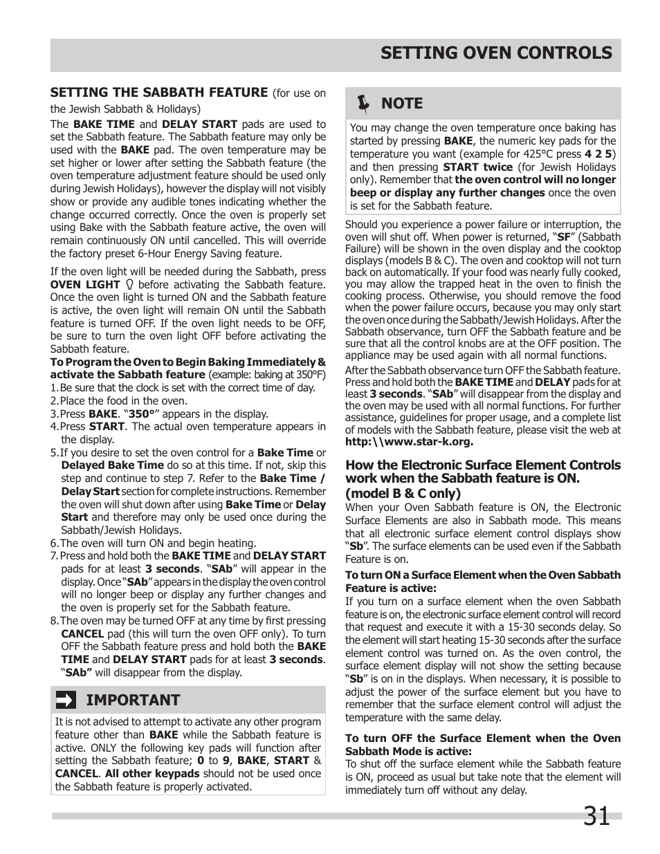 Setting oven controls, Important | FRIGIDAIRE FGES3065KW User Manual | Page 31 / 44