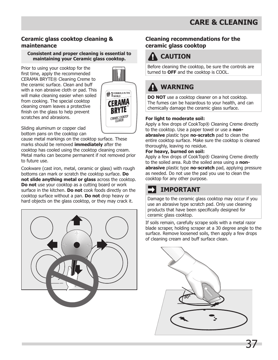 Care & cleaning, Warning, Caution | Important | FRIGIDAIRE FGES3065KW User Manual | Page 37 / 44