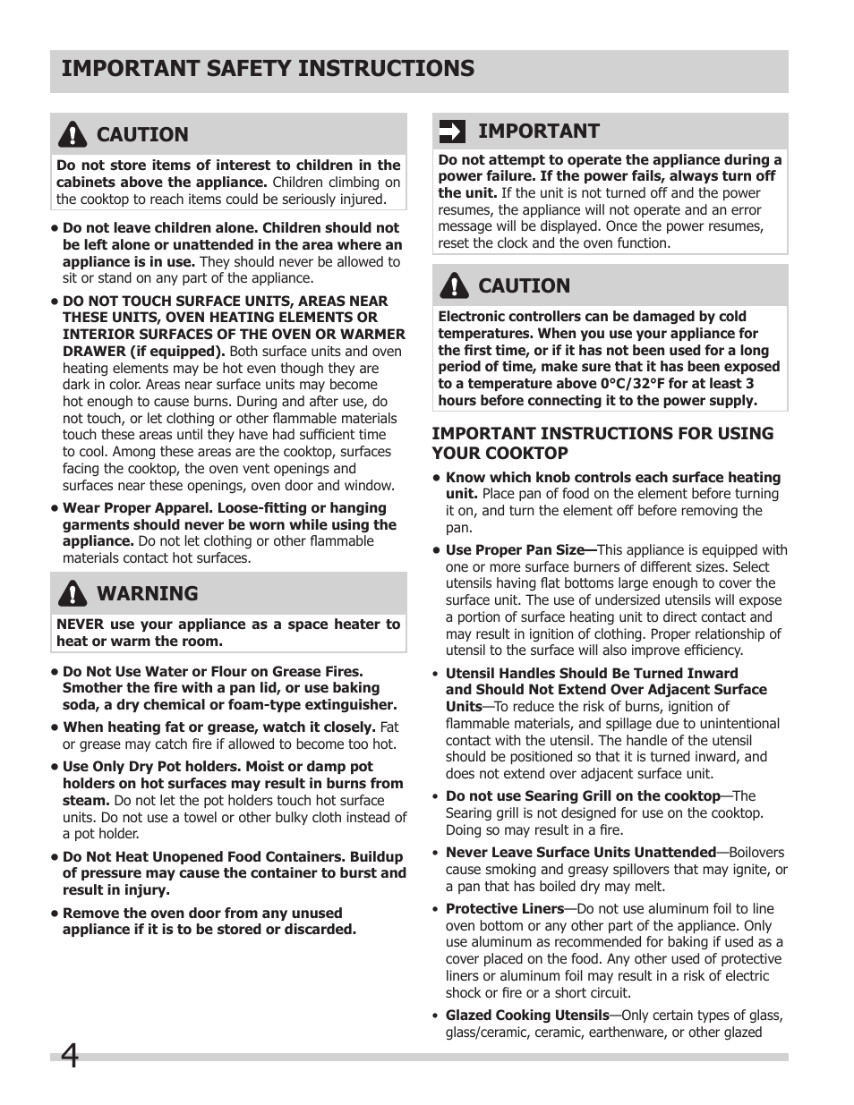 Important safety instructions, Caution, Warning | Important | FRIGIDAIRE FGES3065KW User Manual | Page 4 / 44