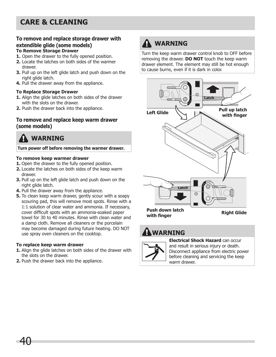 Care & cleaning, Warning | FRIGIDAIRE FGES3065KW User Manual | Page 40 / 44