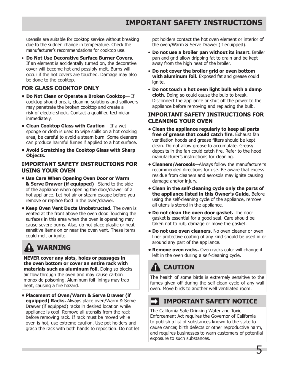 Important safety instructions, Warning, Caution | Important safety notice | FRIGIDAIRE FGES3065KW User Manual | Page 5 / 44