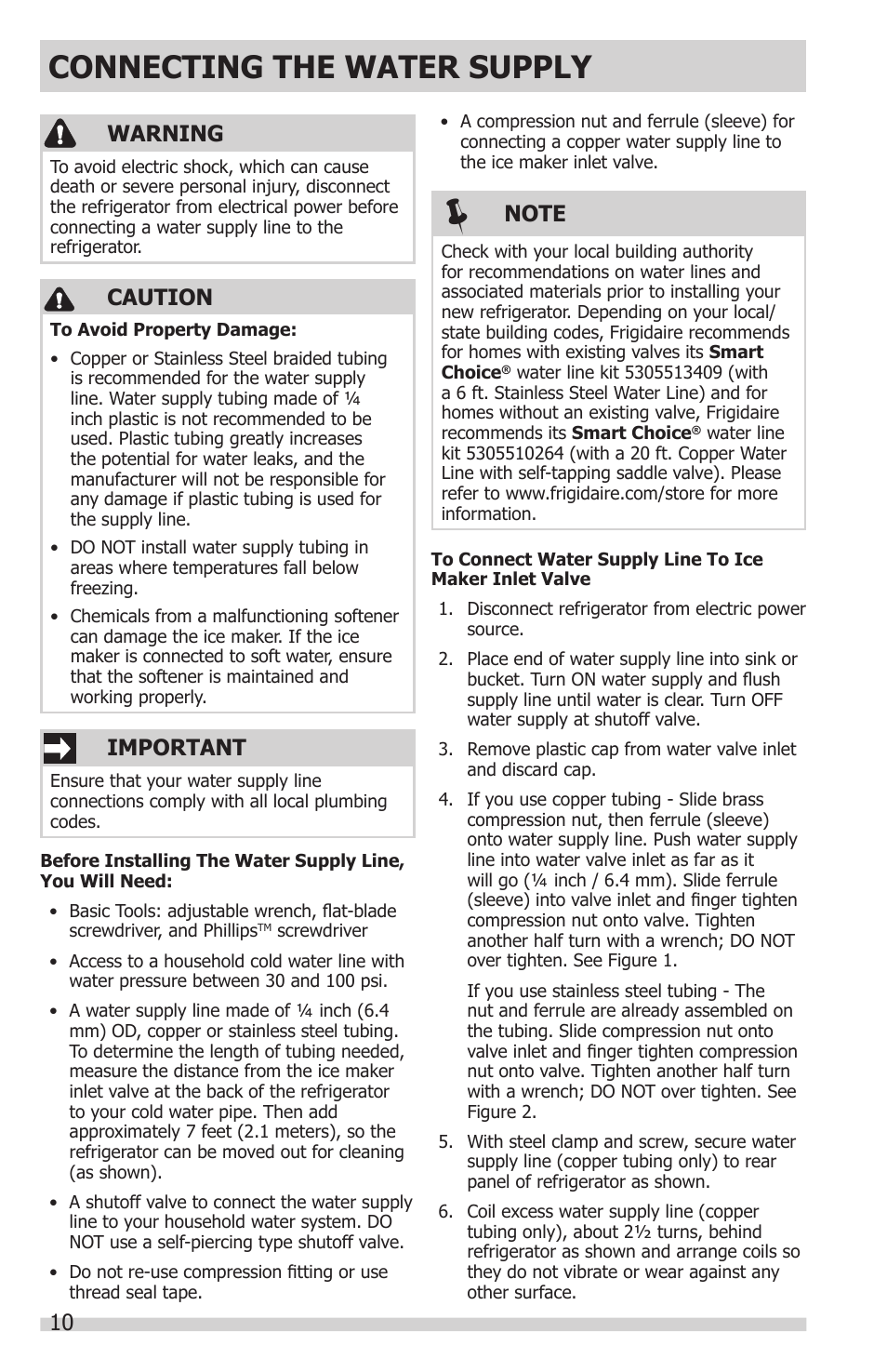 Connecting the water supply, Warning, Caution | Important | FRIGIDAIRE FFHT1831QQ User Manual | Page 10 / 19