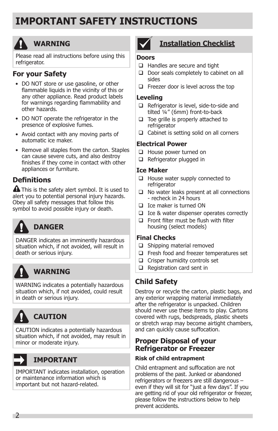 Important safety instructions, 2warning, Important | Danger, Definitions, Installation checklist caution, For your safety, Warning, Child safety, Proper disposal of your refrigerator or freezer | FRIGIDAIRE FFHT1831QQ User Manual | Page 2 / 19
