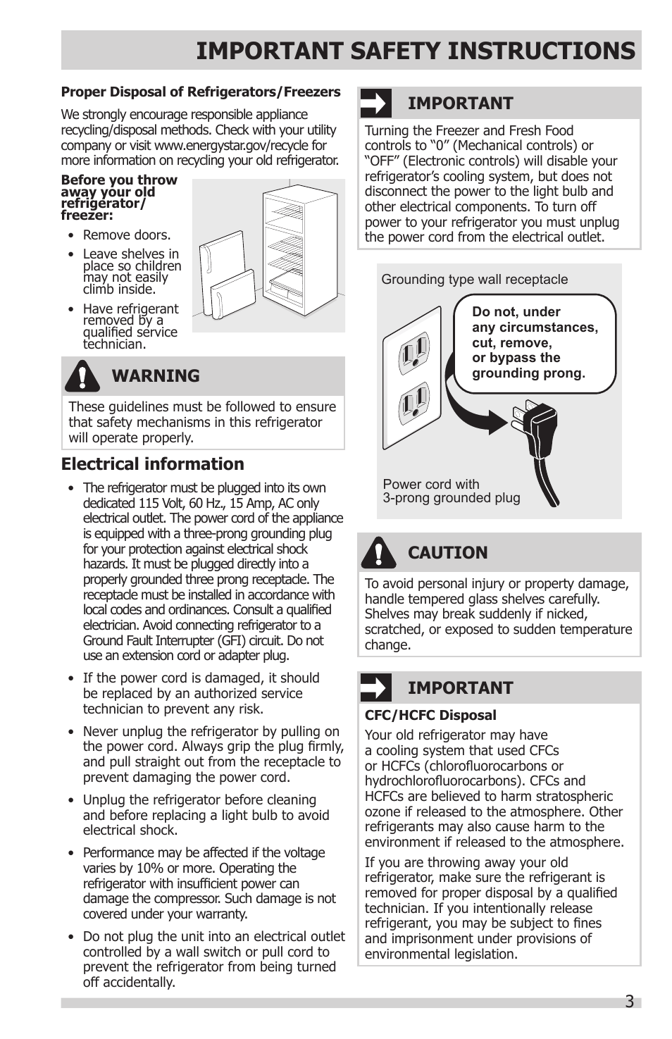 Important safety instructions, Electrical information, Warning | Important, Caution | FRIGIDAIRE FFHT1831QQ User Manual | Page 3 / 19