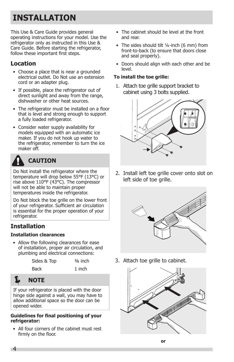 Installation, Caution, Location | FRIGIDAIRE FFHT1831QQ User Manual | Page 4 / 19