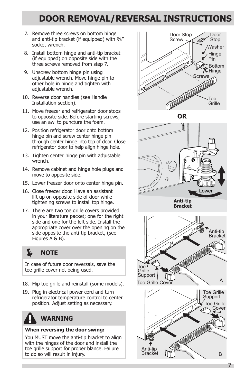 Door removal/reversal instructions, 7warning | FRIGIDAIRE FFHT1831QQ User Manual | Page 7 / 19