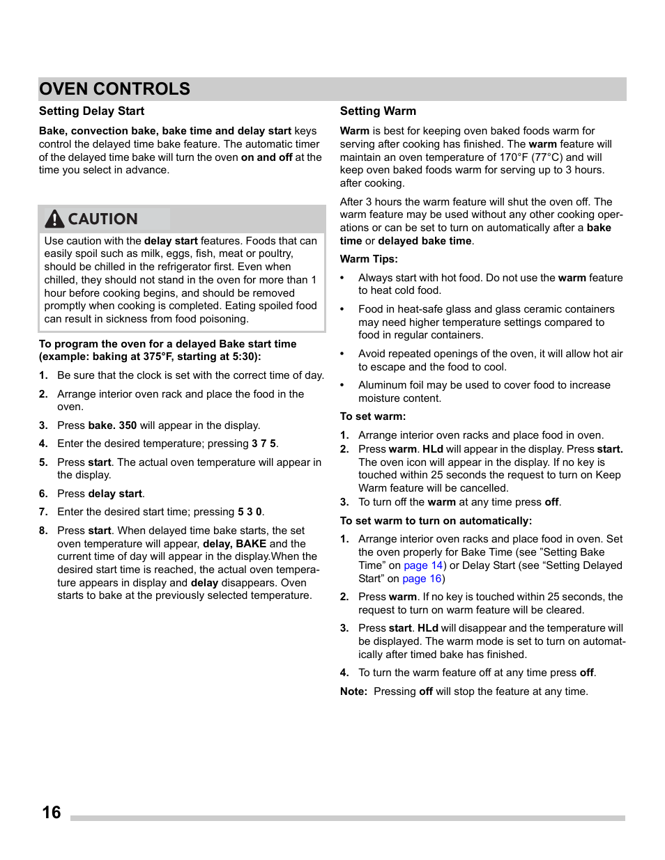 16 oven controls, Caution | FRIGIDAIRE FGET2765PW User Manual | Page 16 / 32