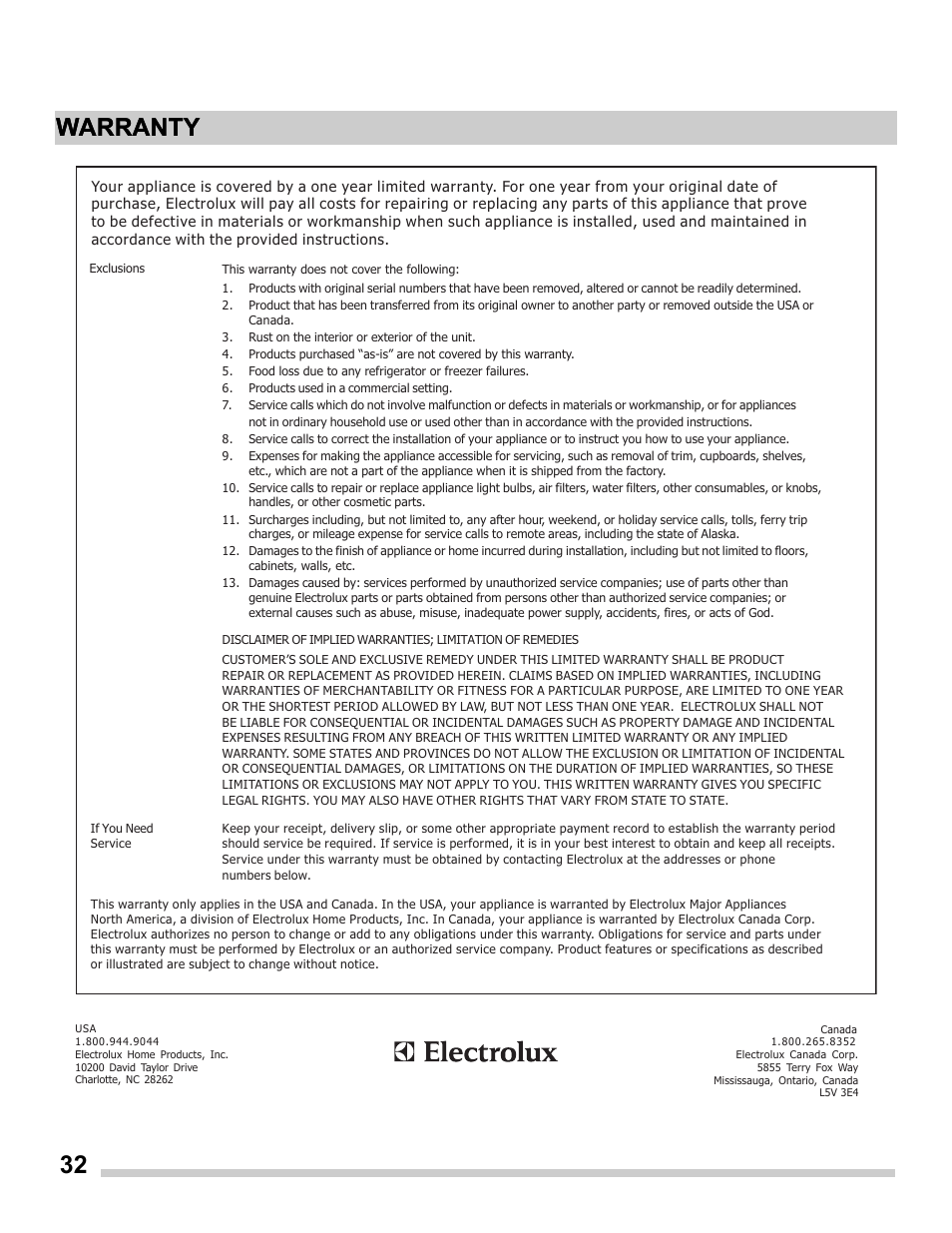 32 warranty, Warranty | FRIGIDAIRE FGET2765PW User Manual | Page 32 / 32