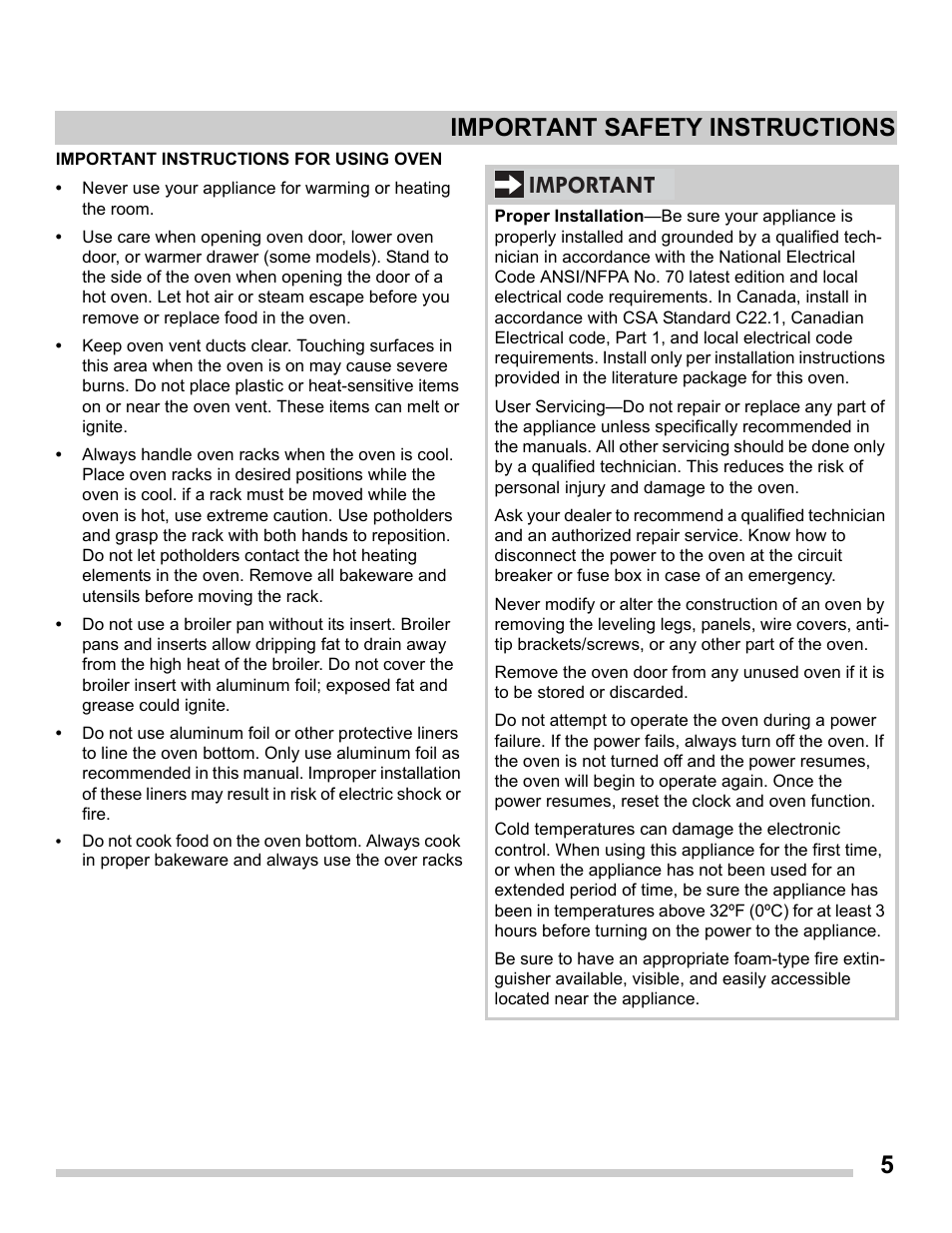 5important safety instructions, Important | FRIGIDAIRE FGET2765PW User Manual | Page 5 / 32