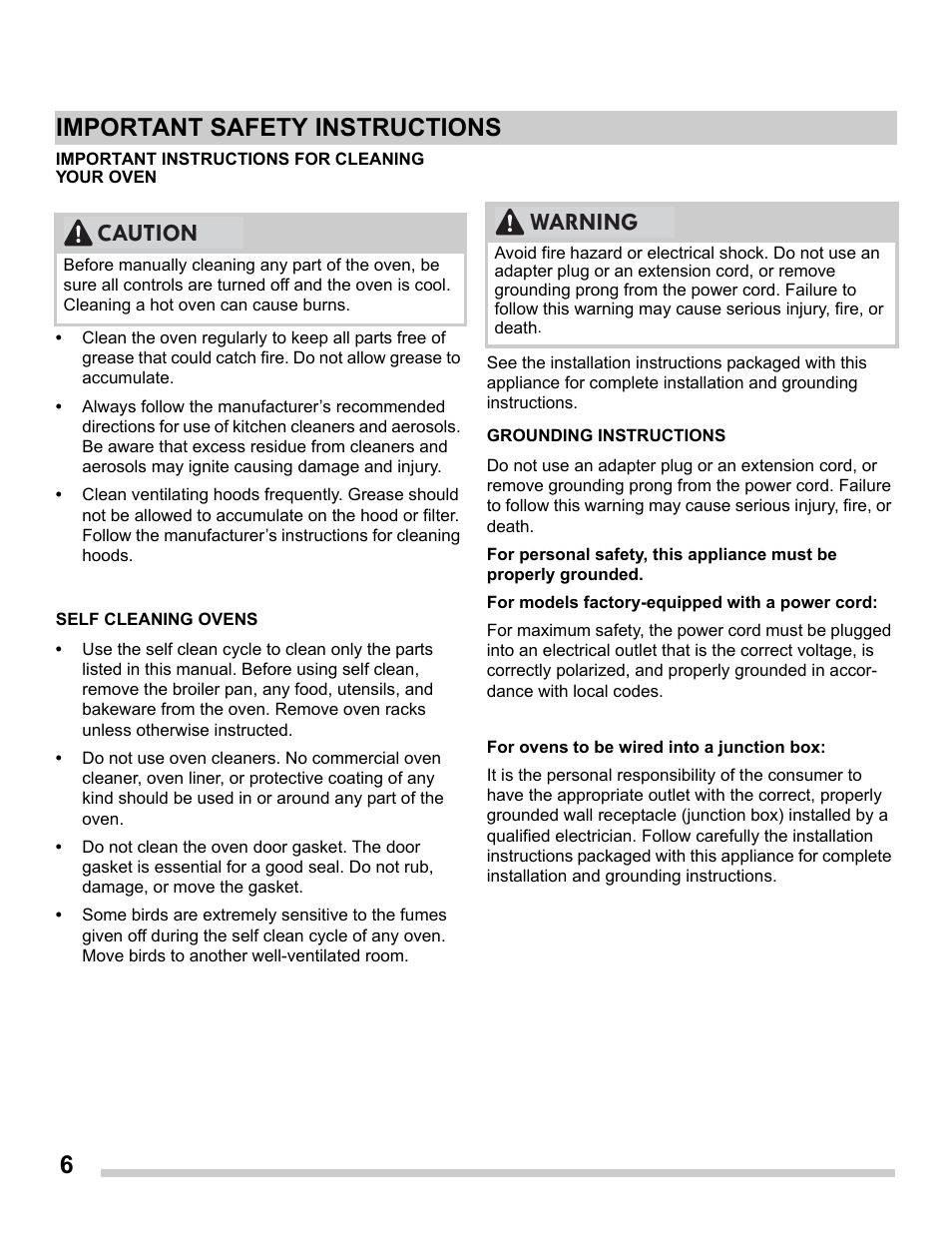 6important safety instructions, Caution, Warning | FRIGIDAIRE FGET2765PW User Manual | Page 6 / 32