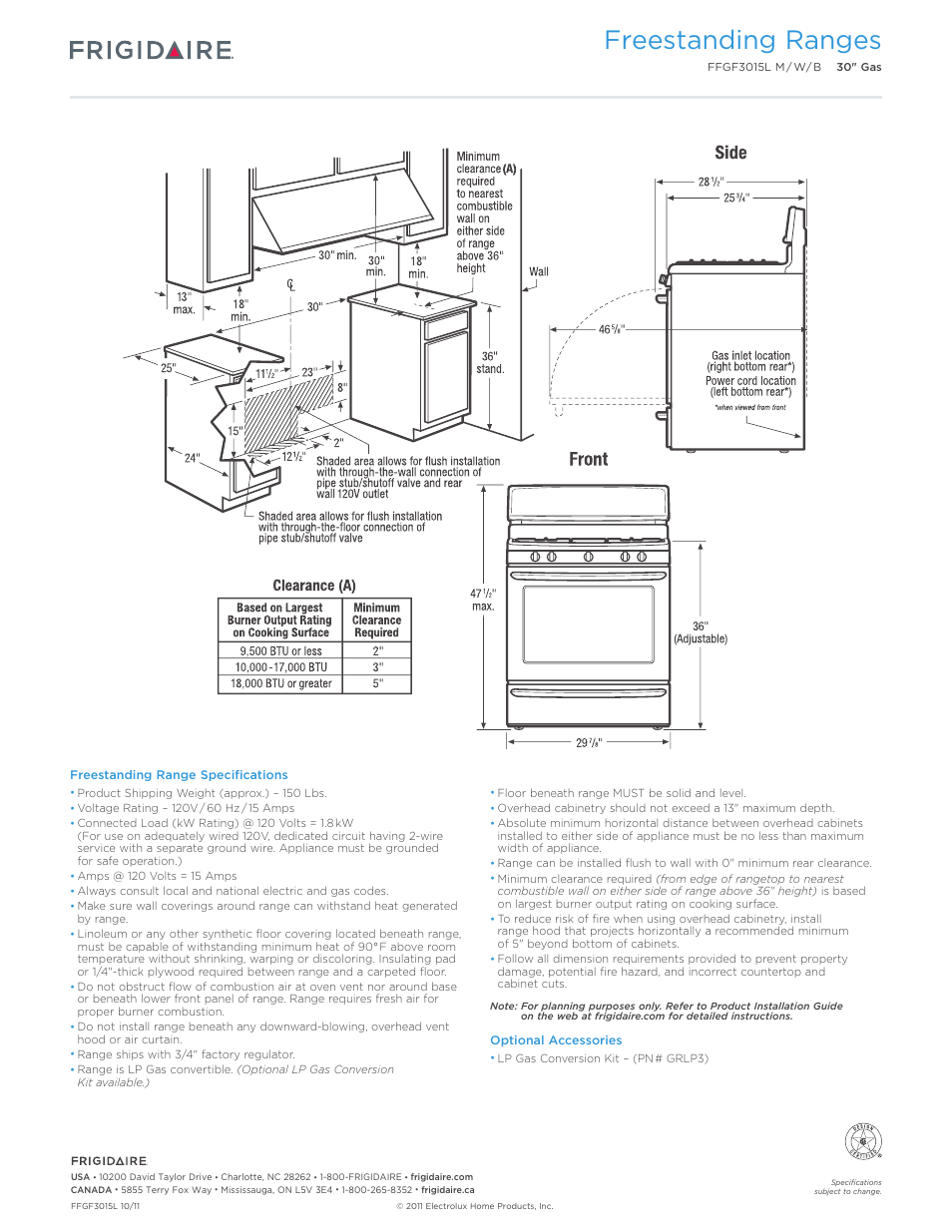 30" gas freestanding ranges gallery, Freestanding ranges | FRIGIDAIRE FFGF3015LM User Manual | Page 3 / 7