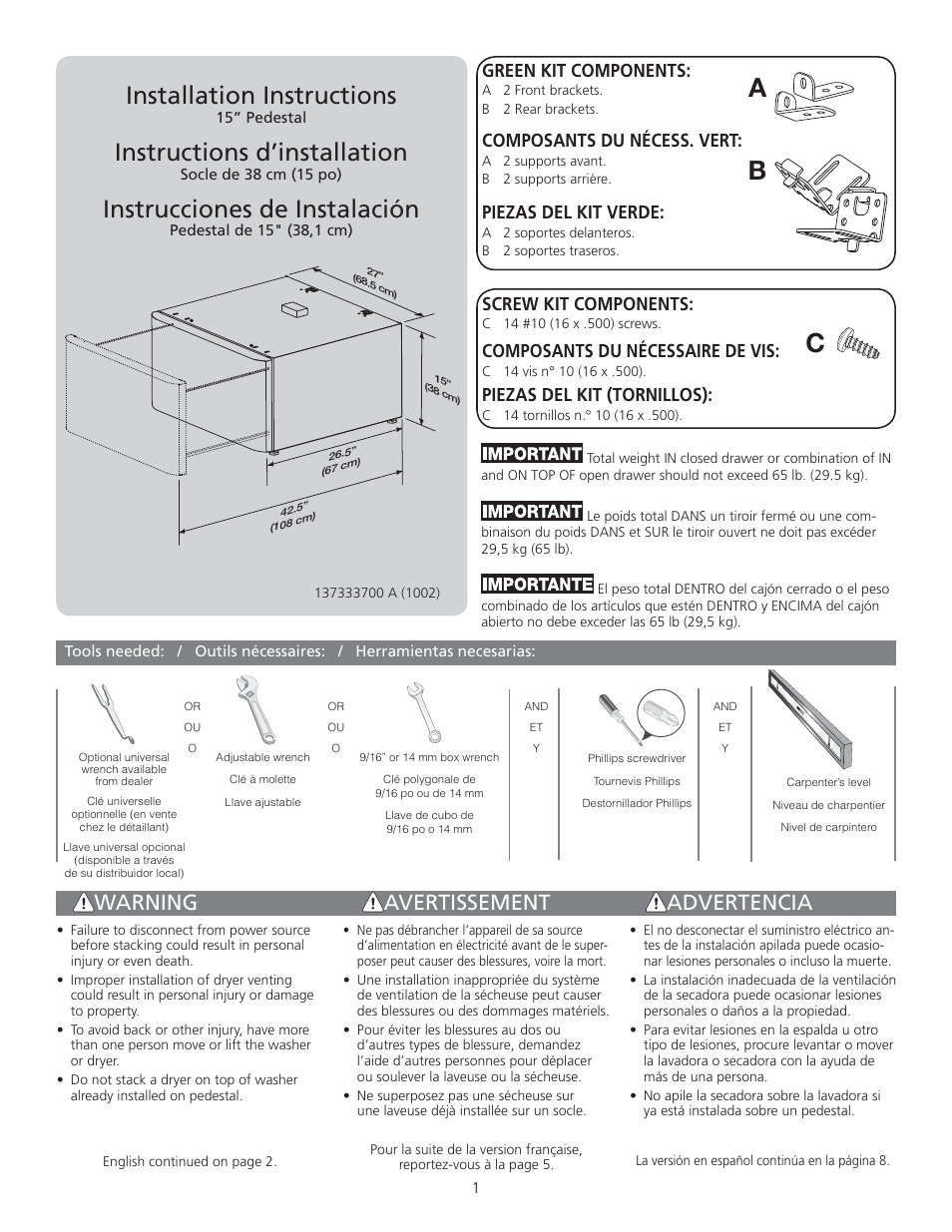 FRIGIDAIRE CFPWD15A User Manual | 12 pages