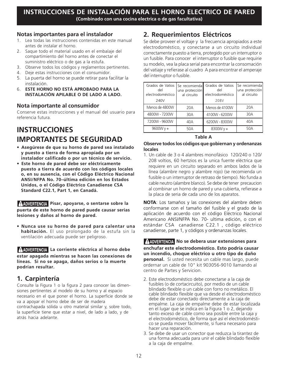 Instrucciones importantes de seguridad, Carpintería, Requerimientos eléctricos | Notas importantes para el instalador, Nota importante al consumidor | FRIGIDAIRE FFEW3025LS User Manual | Page 12 / 29