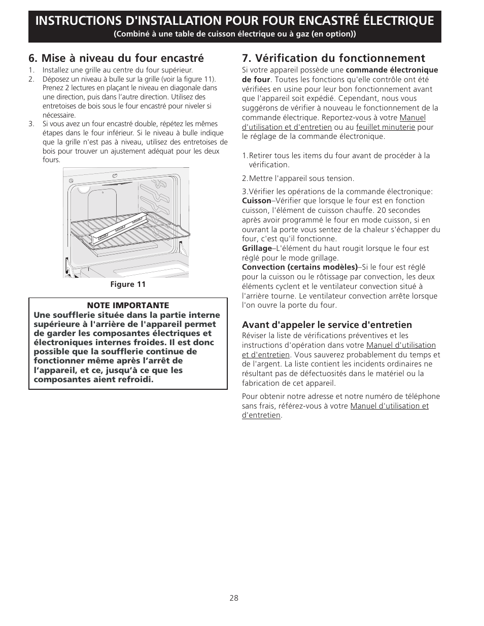 Vérification du fonctionnement, Mise à niveau du four encastré | FRIGIDAIRE FFEW3025LS User Manual | Page 28 / 29
