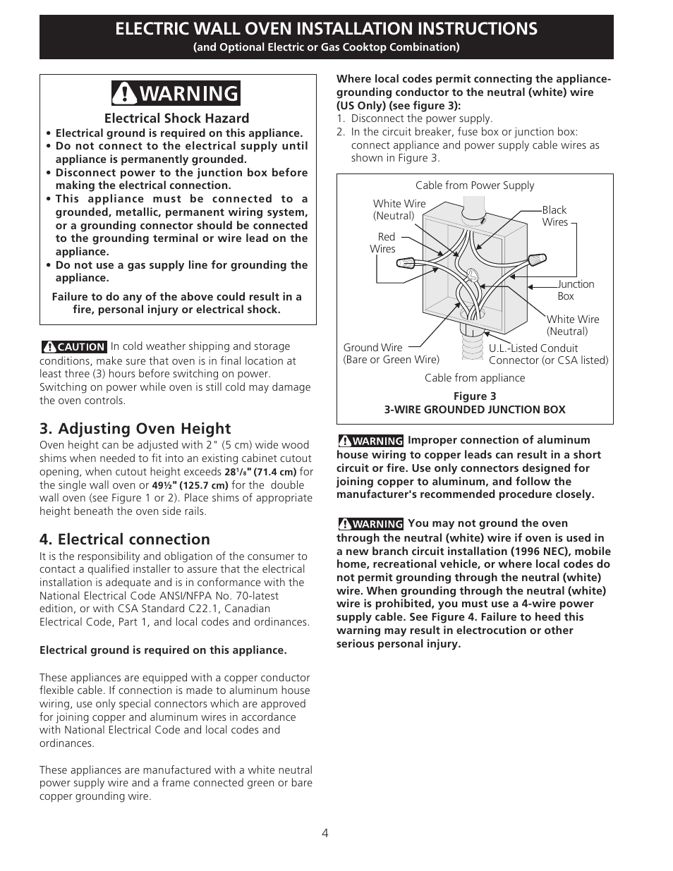 Electric wall oven installation instructions, Adjusting oven height, Electrical connection | FRIGIDAIRE FFEW3025LS User Manual | Page 4 / 29