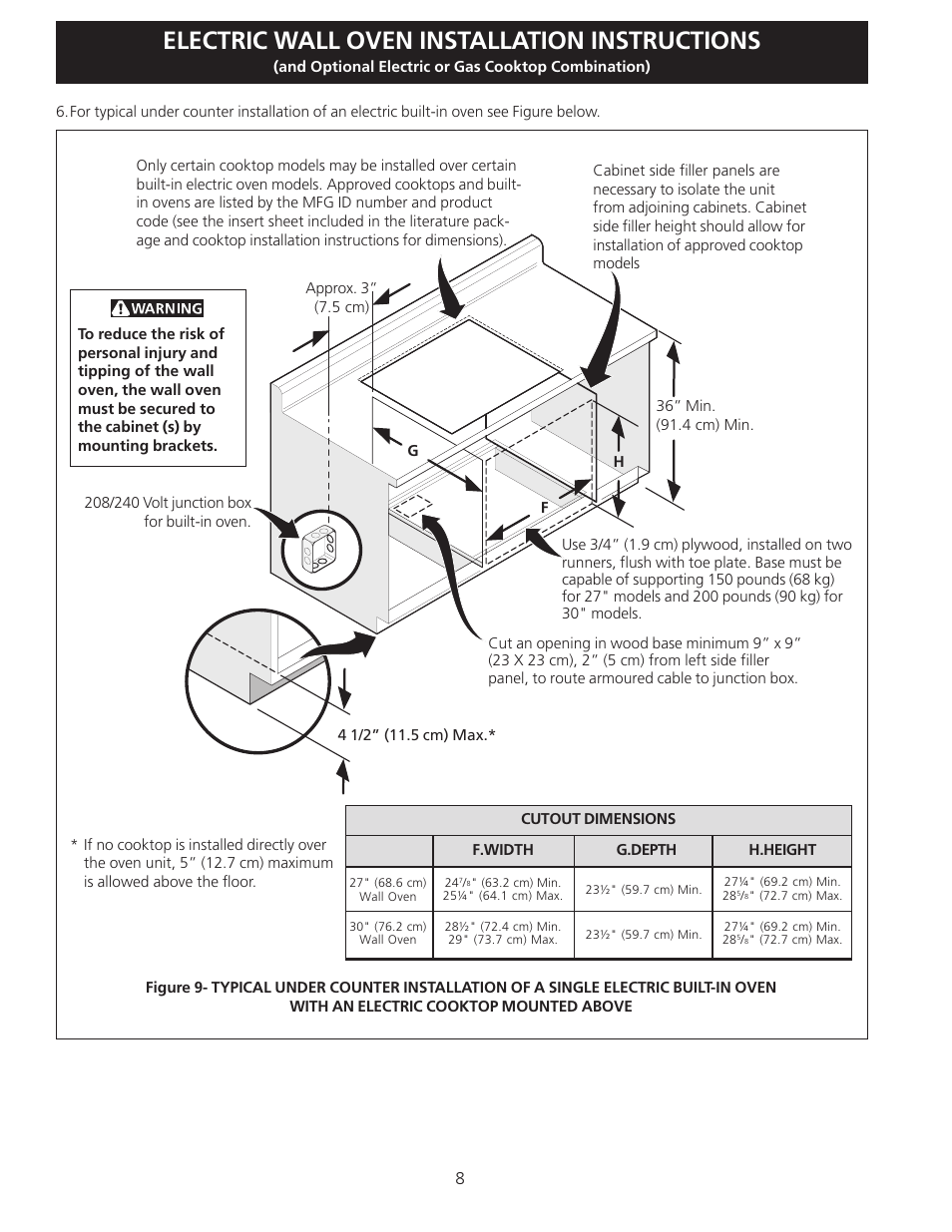 Electric wall oven installation instructions | FRIGIDAIRE FFEW3025LS User Manual | Page 8 / 29