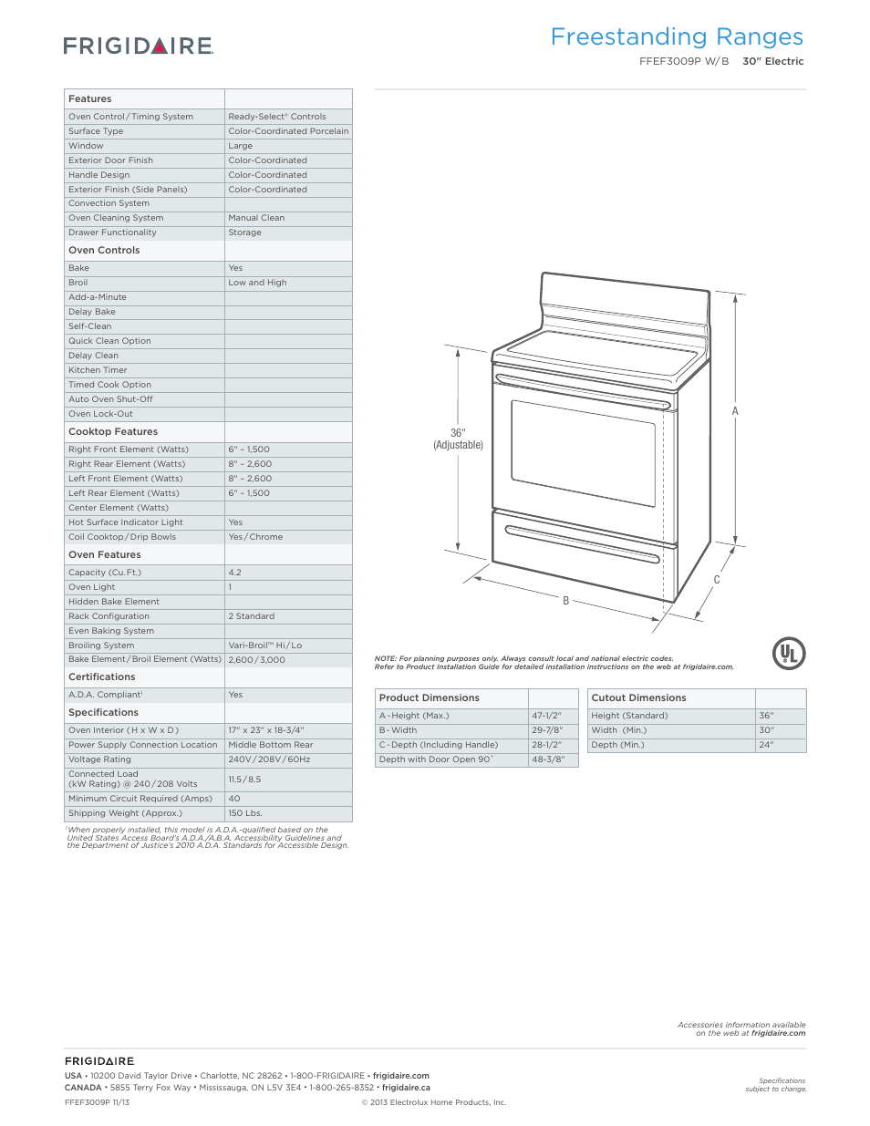 Freestanding ranges | FRIGIDAIRE FFEF3009PB User Manual | Page 2 / 7