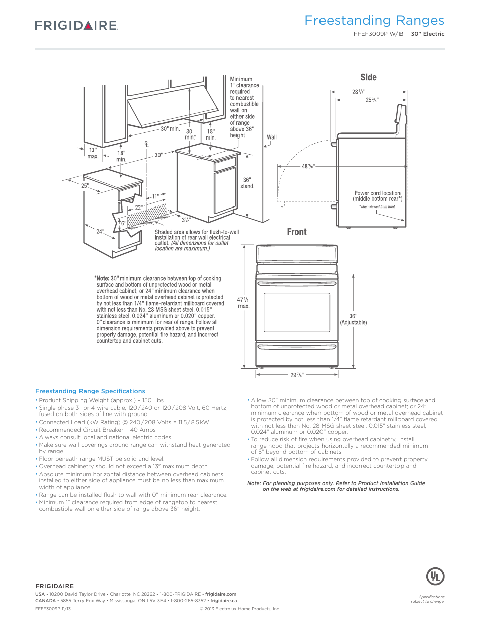 Freestanding ranges | FRIGIDAIRE FFEF3009PB User Manual | Page 3 / 7