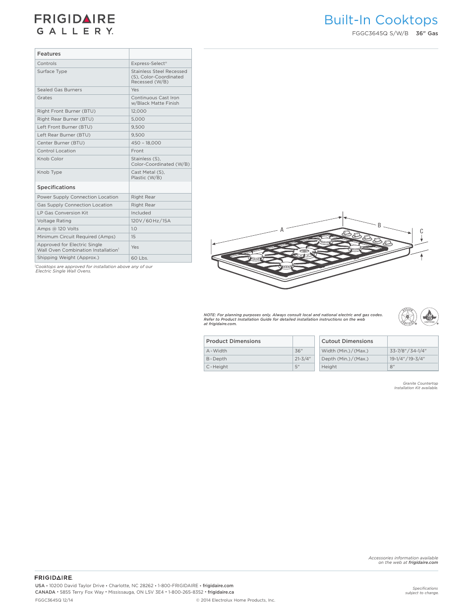 Drop-in gas cooktops frigidaire baseline, Built-in cooktops | FRIGIDAIRE FGGC3645QB User Manual | Page 2 / 5