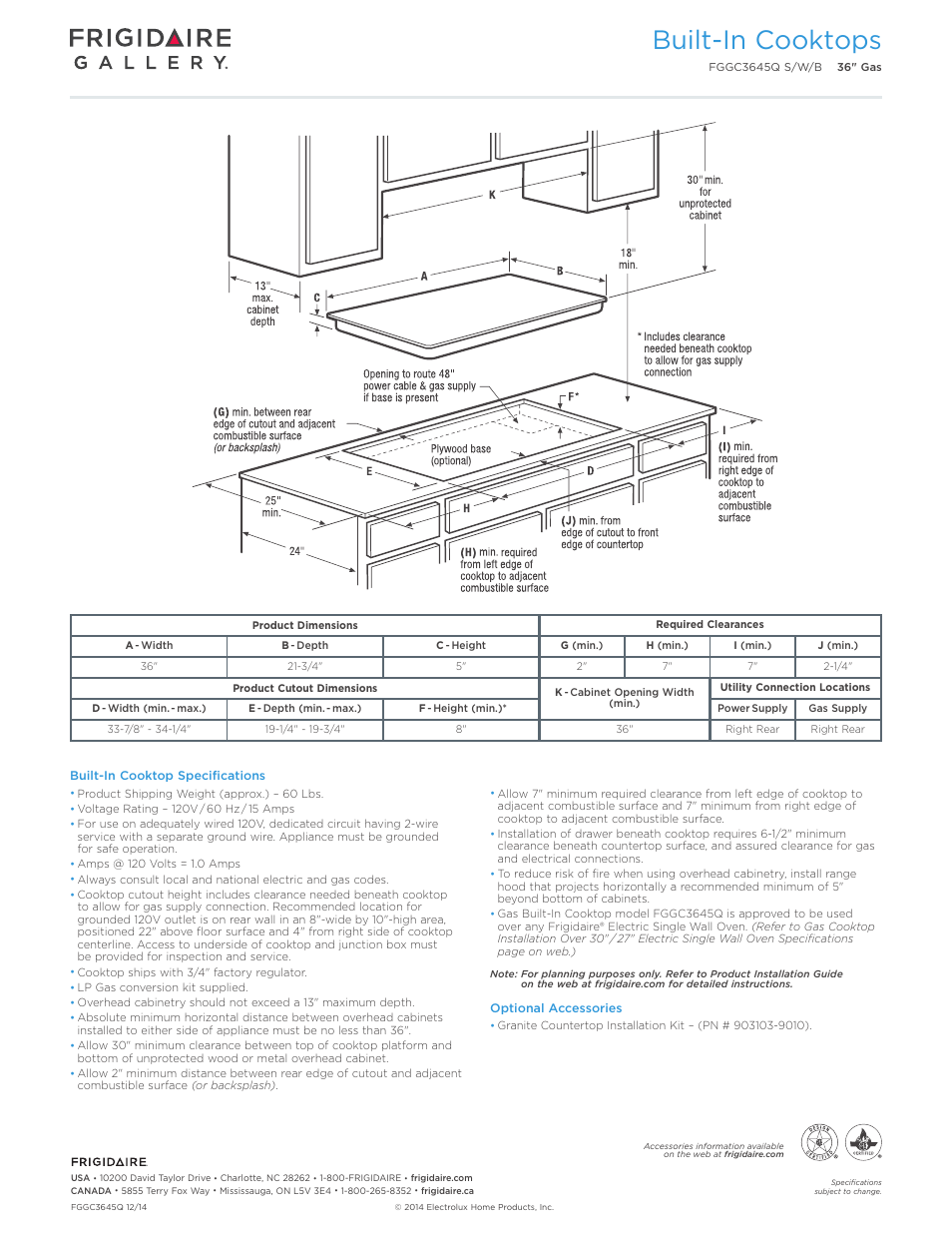 Drop-in gas cooktops (version 2), Professional / gallery / baseline, Built-in cooktops | Callouts must be charted per individual model) | FRIGIDAIRE FGGC3645QB User Manual | Page 3 / 5