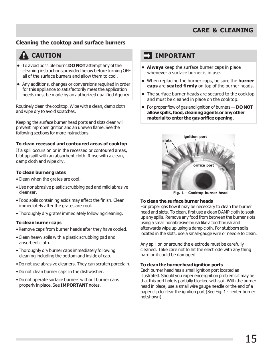 Caution, Important, Care & cleaning | FRIGIDAIRE FFGF3015LB User Manual | Page 15 / 20