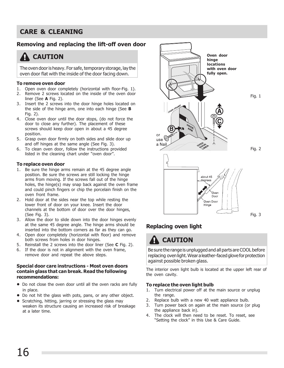 Caution care & cleaning, Caution | FRIGIDAIRE FFGF3015LB User Manual | Page 16 / 20