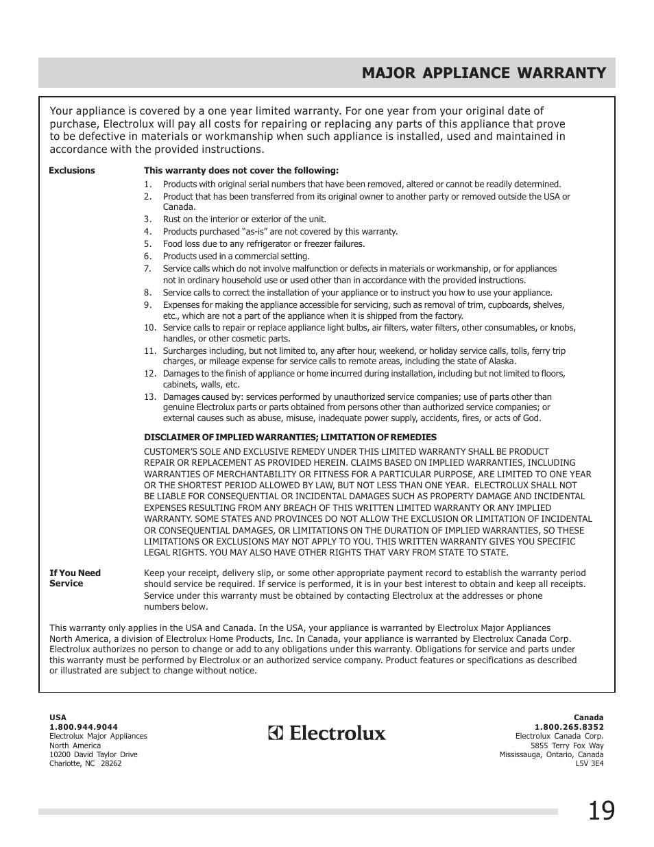 Major appliance warranty | FRIGIDAIRE FFGF3015LB User Manual | Page 19 / 20